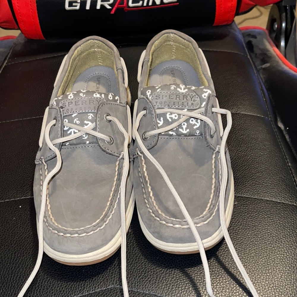 Sperry boat shoes, size 8, grey and white